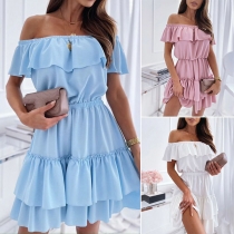 Sexy Off-shoulder Boat Neck High Waist Solid Color Ruffle Hem Dress