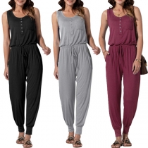 Fashion Solid Color Sleeveless Round Neck Elastic Waist Jumpsuit