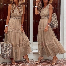 Sexy Lace Spliced V-neck Sleeveless High Waist Maxi Dress