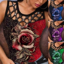 Sexy Hollow Out Sleeveless Round Neck Rhinestone Spliced Printed Tank Top