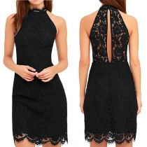 Sexy Off-shoulder Solid Color Slim Fit Lace Spliced Halter Dress