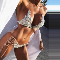 Sexy Lace-up Low-waist Rhinestone Inlaid Lace Spliced Bikini Set