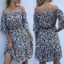 Sexy Off-shoulder Boat Neck Trumpet Sleeve Ruffle Hem Leopard Printed Dress