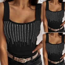 Sexy Square Collar Rhinestone Spliced Slim Fit Sling Top