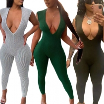 Sexy Deep V-neck Sleeveless High Waist Slim Fit Jumpsuit