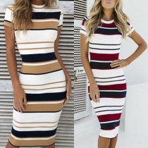 Retro Style Short Sleeve Round Neck Slim Fit Stripe Dress