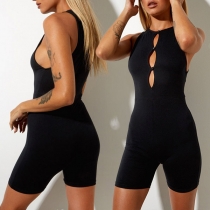 Sexy Sleeveless Round Neck Solid Color Hollow Out Romper