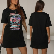 Casual Style Short Sleeve Round Neck Car Pattern T-shirt Dress
