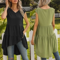 Fashion Solid Color Sleeveless V-neck Irregular Ruffle Hem Top