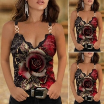 Sexy Backless V-neck Rose Printed Slim Fit Sling Top