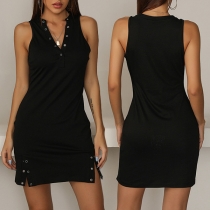 Sexy V-neck Slit Hem Sleeveless Solid Color Slim Fit Dress