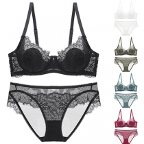 Sexy Low-waist Solid Color See-through Lace Bra Set