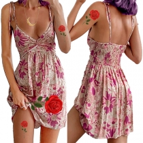 Sexy Backless Deep V-neck High Waist Sling Printed Dress