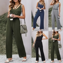 Sexy Backless V-neck High Waist Solid Color Sling Jumpsuit