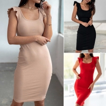 Sexy U-neck Ruffle Cuff Solid Color Slim Fit Dress