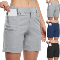 Simple Style Solid Color High Waist Zipper Pocket Shorts