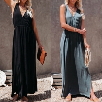 Sexy Backless V-neck Slit Hem High Waist Solid Color Maxi Dress