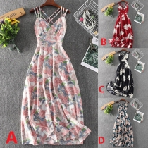 Sexy Crossover Backless V-neck High Waist Sling Printed Maxi Dress