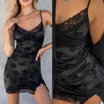 Sexy Backless V-neck Slit Hem Lace Spliced Sling Mini Dress