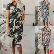 Casual Style Short Sleeve Round Neck Drawstring Waist Printed Dress