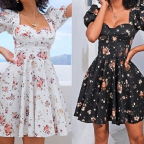 Retro Style Short Sleeve Backless Square Collar High Waist Printed Dress