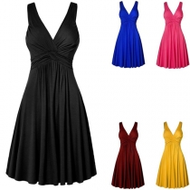 Sexy Backless V-neck High Waist Solid Color Sleeveless Dress