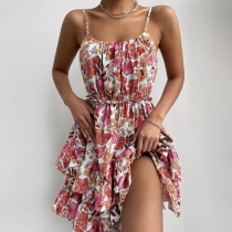 Sexy Backless Cake Hem Sling Printed Dress (Size falls small)