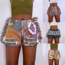 Fashion Elastic Waist Letters Printed Tassel Shorts