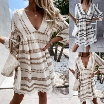 Bohemian Style Lace Spliced 3/4 Sleeve V-neck Printed Dress