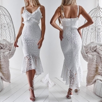 Sexy Backless V-neck Fishtail Hem Slim Fit Sling Lace Dress