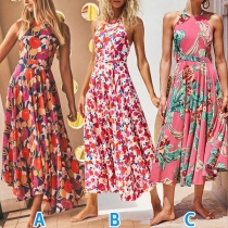 Bohemian Style Sleeveless Round Neck High Waist Backless Printed Dress