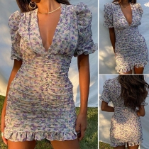 Sexy V-neck Puff Sleeve Ruffle Hem Slim Fit Printed Dress