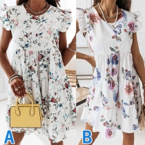 Sweet Style Ruffle Cuff Sleeveless Round Neck Printed Dress