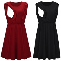 Fashion Solid Color Ruffle Cuff Sleeveless Round Neck Breastfeeding Dress
