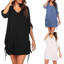 Simple Style 3/4 Sleeve V-neck Side-drawstring Bikini Smock