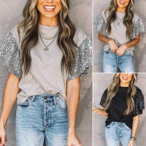 Fashion Sequin Spliced Short Sleeve Round Neck Loose T-shirt