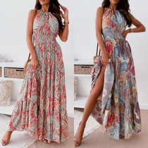 Bohemian Style Backless High Waist Slit Hem Printed Maxi Dress