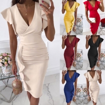 Sexy V-neck Ruffle Cuff High Waist Solid Color Slim Fit Dress