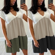 Simple Style Short Sleeve V-neck Contrast Color Loose Dress