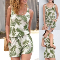 Fresh Style Sleeveless Round Neck Leaf Printed Romper