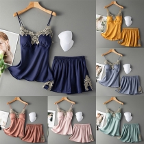 Sexy Backless V-neck Lace Spliced Sling Top + Shorts Nightwear Set