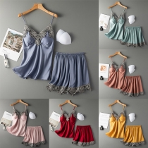 Sexy Backless V-neck Lace Spliced Sling Top + Shorts Home-wear Set