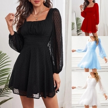 Sexy Gauze Spliced Puff Sleeve Square Collar High Waist Dress