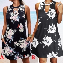 Fashion Sleeveless Round Neck Front-pocket Loose Printed Dress