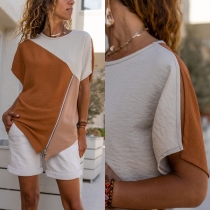 Fashion Contrast Color Short Sleeve Round Neck Irregular Hem Loose T-shirt