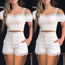 Sexy Lace Spliced Short Sleeve Crop Top + High Waist Shorts Two-piece Set