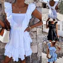 Sexy Backless High Waist Sleeveless Solid Color Ruffle Dress