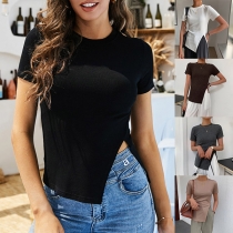 Sexy Slit Hem Short Sleeve Round Neck Solid Color Slim Fit T-shirt