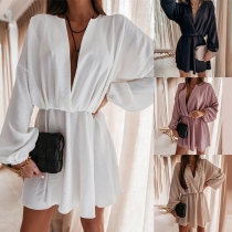 Sexy Deep V-neck Lantern Sleeve High Waist Solid Color Dress