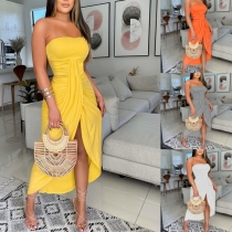 Sexy Strapless High Waist Slit Hem Solid Color Party Dress